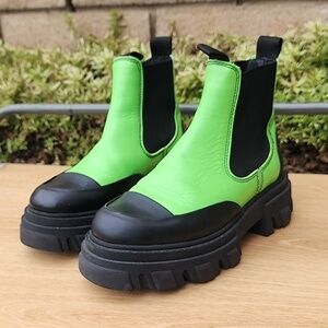 GANNI Leather Mid-Calf Chunky Cleated Chelsea Boots — Flash Green / Black Sz 35